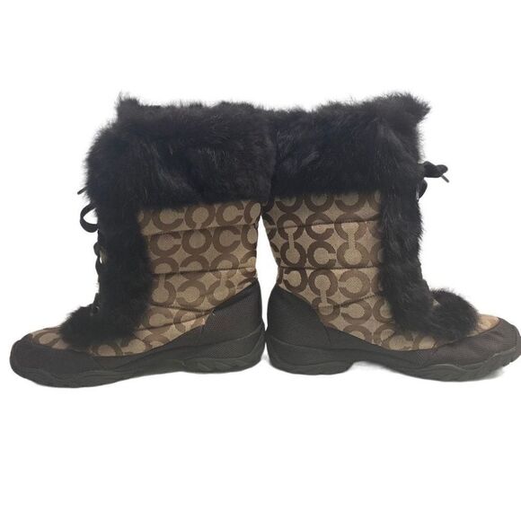 COACH Jeannie Signature Fur Lined Boots Size 7B Mid Calf Brown & Black Size 7B - Picture 1 of 10